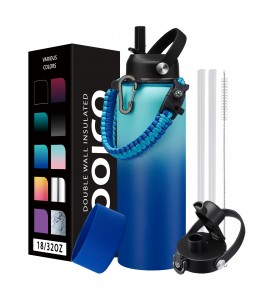 Half-Gallon Insulated Water Bottle 64oz - with Straw Spout Lids, Paracord Handle, Storage Carrier Bag, Vacuum Metal Stainless Steel Hydro Jug Cold-48H & Hot-24H
