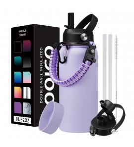 Insulated Water Bottle 32 oz with Straw & Spout Lids,32oz Stainless Steel Water Bottles for Women,Keep Cold 48H Hot 24H,Leak Proof & Non-BPA Water Flask with Paracord Handle
