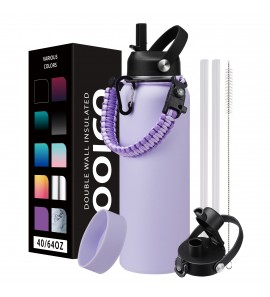 40 OZ Insulated Water Bottle with Straw - Auto Spout Lid,Stainless Steel Water Bottle Cold for 48H,Metal Flask with Paracord Handle,Protective Boot,Purple