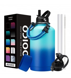 Half-Gallon Insulated Water Bottle 64oz - with Straw Spout Lids,Metal Sports Water Jug Cold 48H Hot 24H,Stainless Steel Water Flask with Paracord-Handle