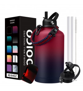 Half Gallon Water Bottle with Straw & Spout Lid,Paracord Handle,Flask Boot,64oz Insulated Water Bottles Stainless Steel,Leak-proof Large Sports Water Jug Cold-48H & Hot-24H