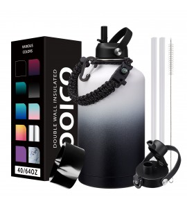 64oz Water Bottle with Spout & Straw Lids (Keep Cold 48H Hot 24H)Insulated Stainless Steel Metal Flask, Half Gallon Water Jug for Travel Gym & Hiking