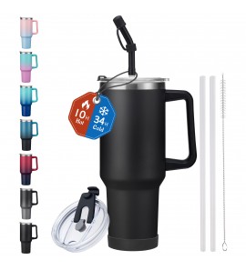 Tumbler with Handle & Straw 40oz - Insulated Water Bottle Stainless Steel Travel Coffee Mug 40 oz,100% Leak-proof Dustproof for Car Cup Holders (Black)